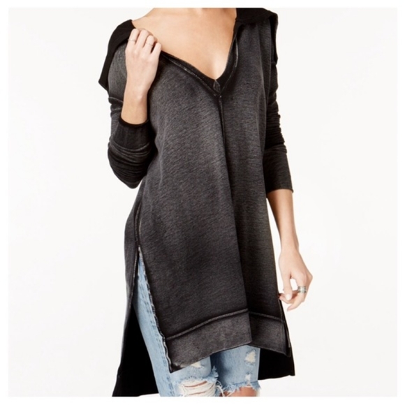 Free People Tops - Free People V-Neck Hooded Tunic in Washed Black